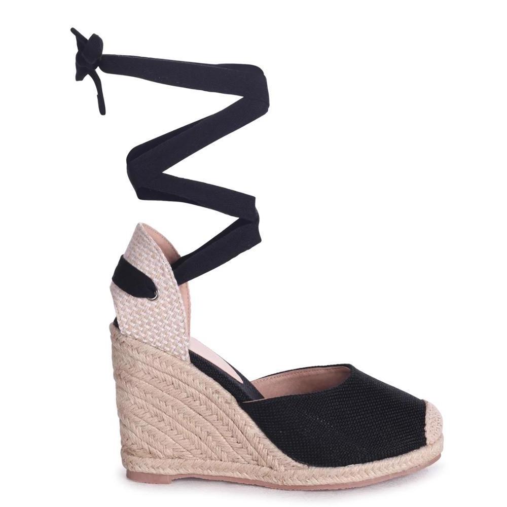 Women high fashionable black closed toe espadrille wedge heel with tie up ankle strap sandals shoes made in China