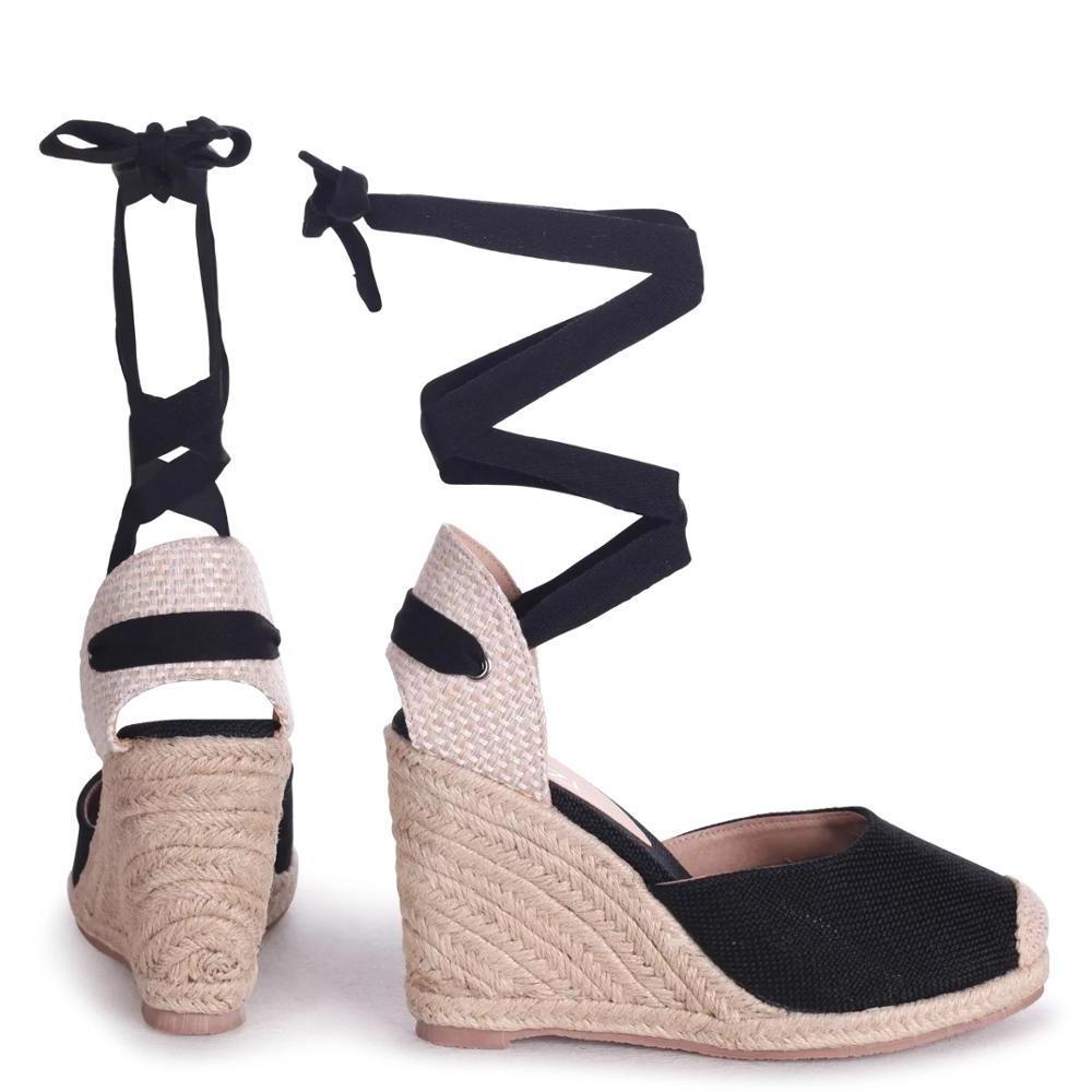 Women high fashionable black closed toe espadrille wedge heel with tie up ankle strap sandals shoes made in China