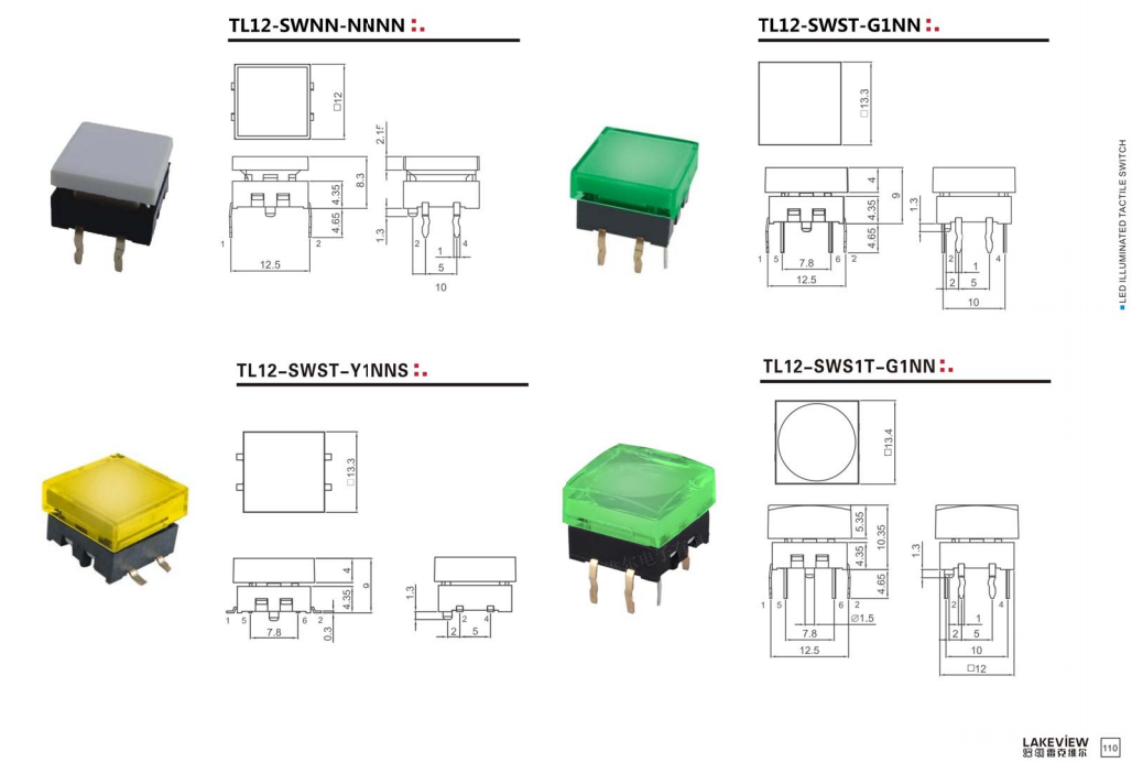 Lakeview TL12 Red Green Blue Yellow White Long Life Cycles Super Bright LED Illuminated Tact Tactile Button Switch