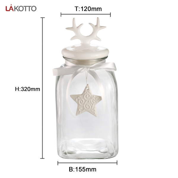 Wholesale Customized Christmas Holiday Decoration Sealed Square Food Glass Candy Jars Containers with Ceramic antler lids