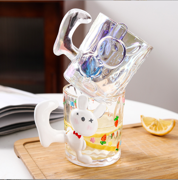 Nordic New Glassware Creative Easter Rabbit Glass Mug with Handle Cartoon Hand-painted coffee cups