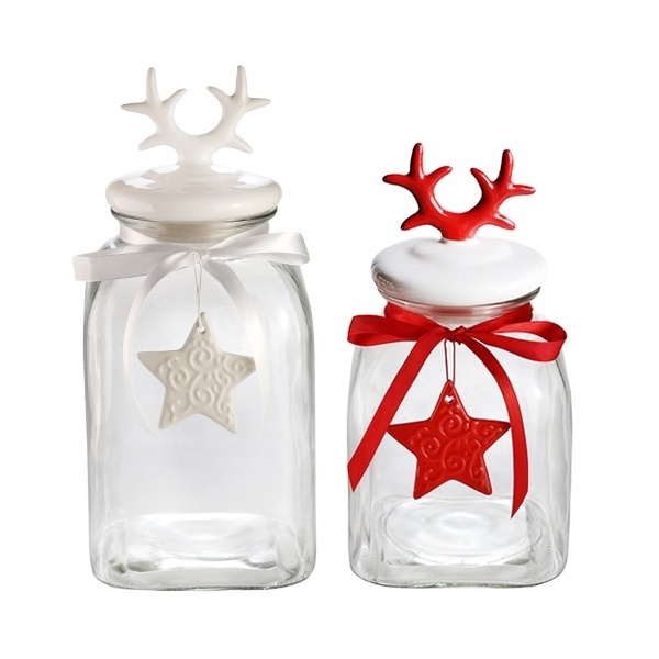 Wholesale Customized Christmas Holiday Decoration Sealed Square Food Glass Candy Jars Containers with Ceramic antler lids