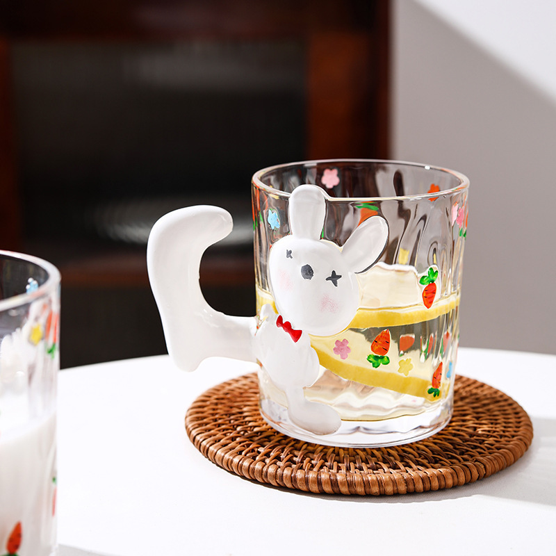 Nordic New Glassware Creative Easter Rabbit Glass Mug with Handle Cartoon Hand-painted coffee cups