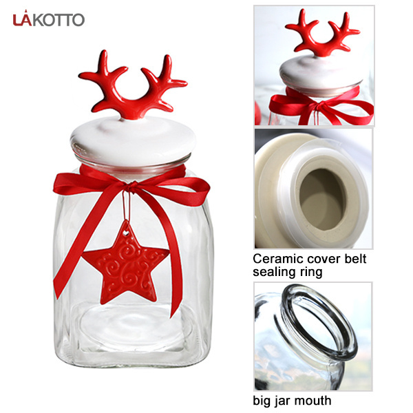 Wholesale Customized Christmas Holiday Decoration Sealed Square Food Glass Candy Jars Containers with Ceramic antler lids