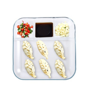 LAKOTTO Tempered glass divided plate with vinegar sauce Square dumpling plate separated western steak breakfast plate idea