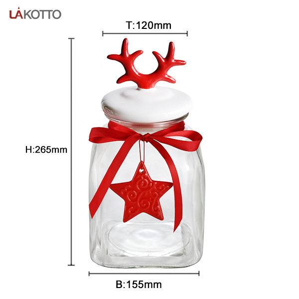 Wholesale Customized Christmas Holiday Decoration Sealed Square Food Glass Candy Jars Containers with Ceramic antler lids