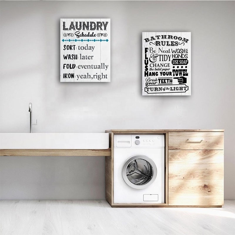 Home Bathroom Canvas Wall Art Rustic Bathroom Funny Rules Prints Signs Framed Wood Background Bathroom Laundry Room Decor