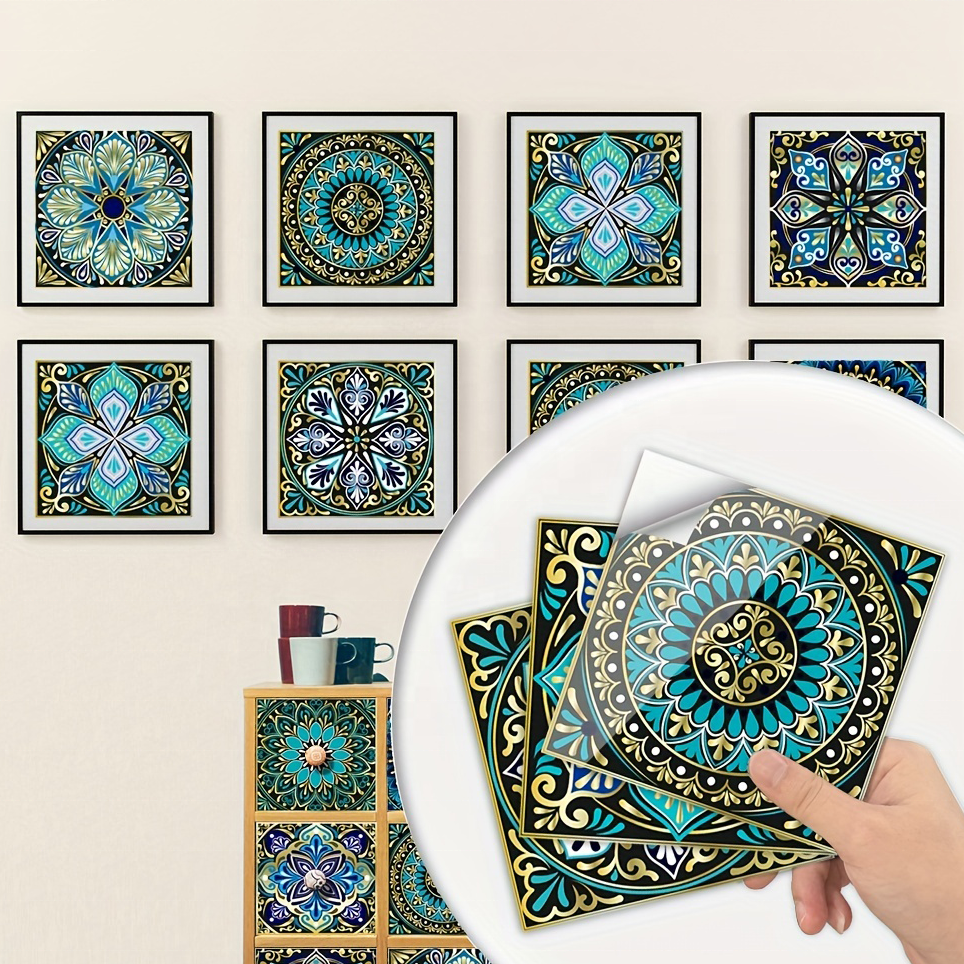 10pcs/set Self-adhesive Removable Plastic Tile Stickers Mandala Pattern Square Waterproof Wall Stickers