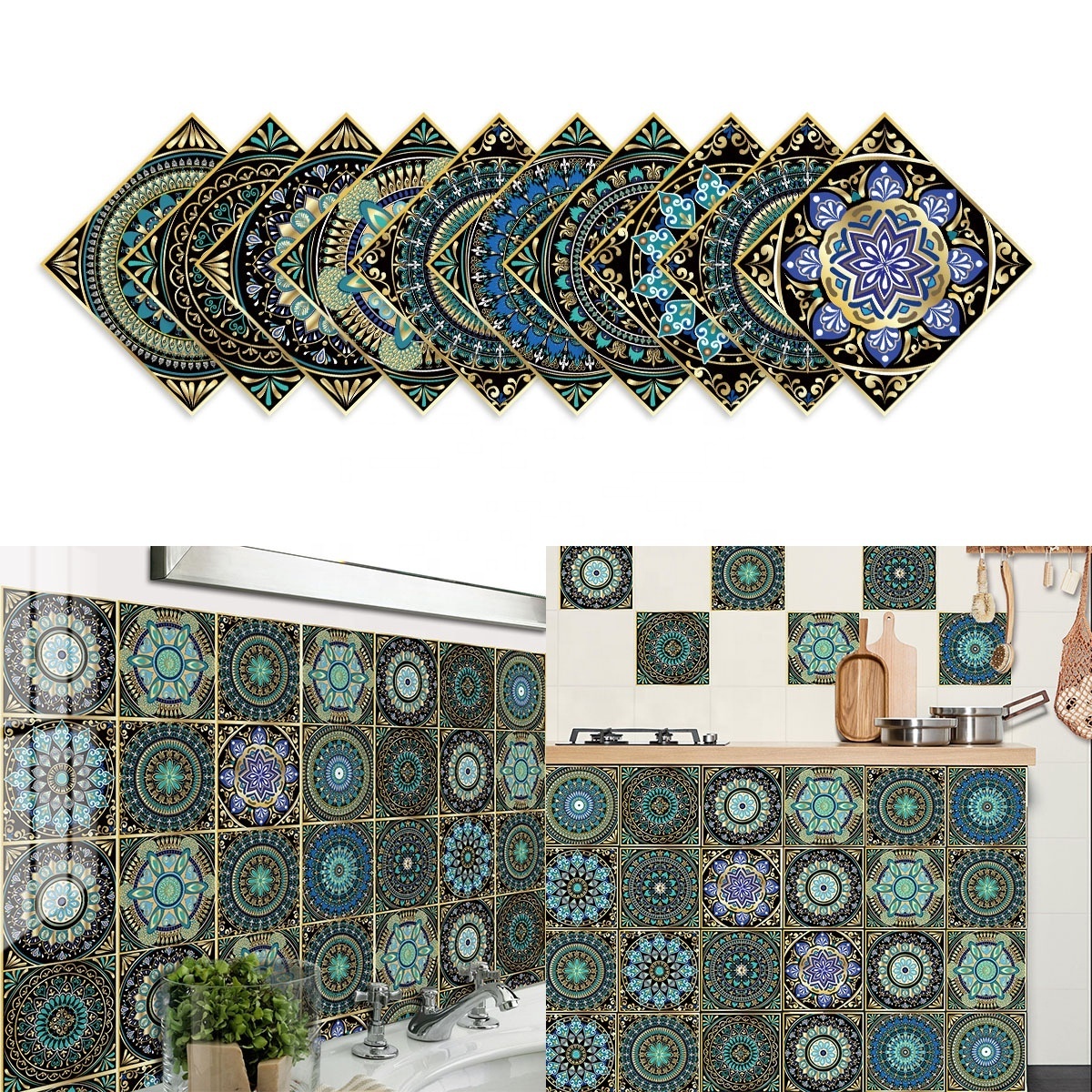 10pcs/set Self-adhesive Removable Plastic Tile Stickers Mandala Pattern Square Waterproof Wall Stickers