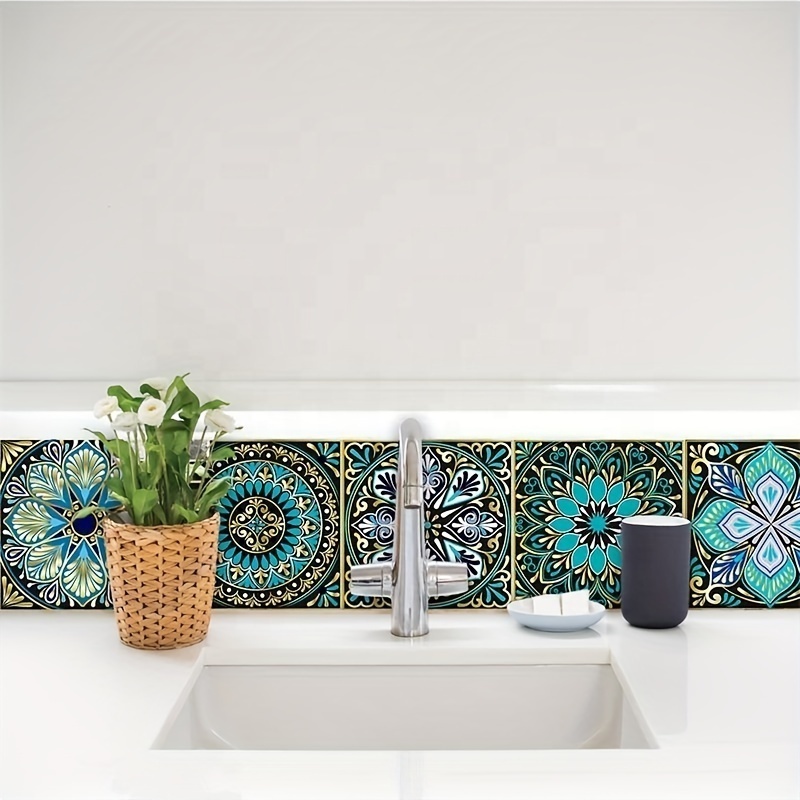 10pcs/set Self-adhesive Removable Plastic Tile Stickers Mandala Pattern Square Waterproof Wall Stickers