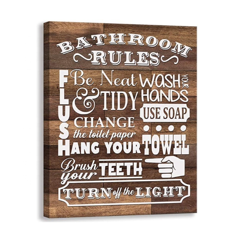 Home Bathroom Canvas Wall Art Rustic Bathroom Funny Rules Prints Signs Framed Wood Background Bathroom Laundry Room Decor