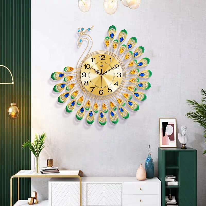 3D Wall Clock Large Luxury DIY Flower Peacock Diamond Wall Clock Metal Modern Home Decor