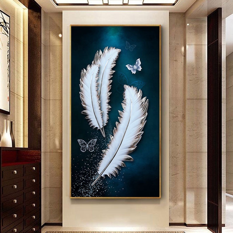 Crystal Porcelain Painting White Feathers and Butterflies Entrance Abstract Wall Art Painting Living Room Decoration Picture