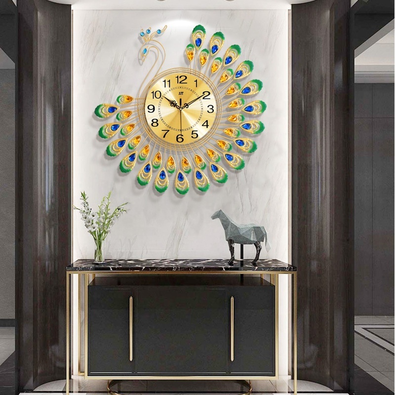 3D Wall Clock Large Luxury DIY Flower Peacock Diamond Wall Clock Metal Modern Home Decor