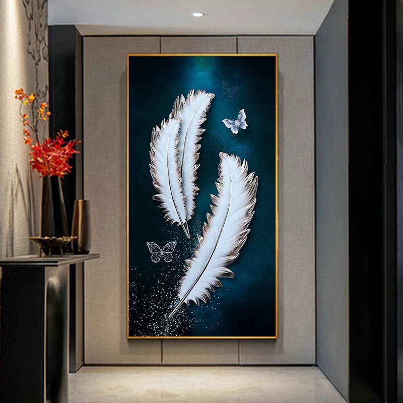 Crystal Porcelain Painting White Feathers and Butterflies Entrance Abstract Wall Art Painting Living Room Decoration Picture