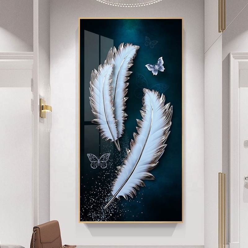 Crystal Porcelain Painting White Feathers and Butterflies Entrance Abstract Wall Art Painting Living Room Decoration Picture