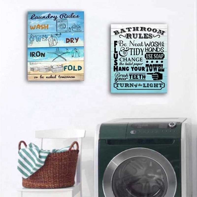 Home Bathroom Canvas Wall Art Rustic Bathroom Funny Rules Prints Signs Framed Wood Background Bathroom Laundry Room Decor