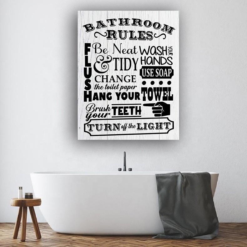 Home Bathroom Canvas Wall Art Rustic Bathroom Funny Rules Prints Signs Framed Wood Background Bathroom Laundry Room Decor