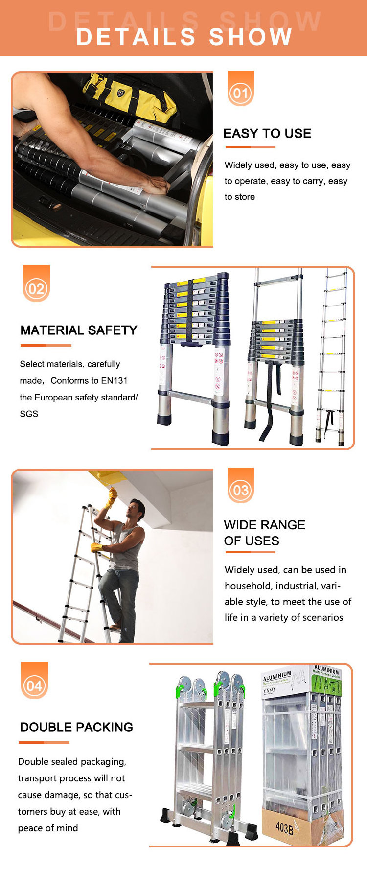 Heavy duty telescopic extension ladder fiberglass folding combination step fiberglass extension ladder