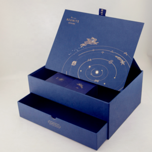 Special Design Double Deck Hot Stamp Logo Printed Mooncake Packaging Blue Drawer Gift Box