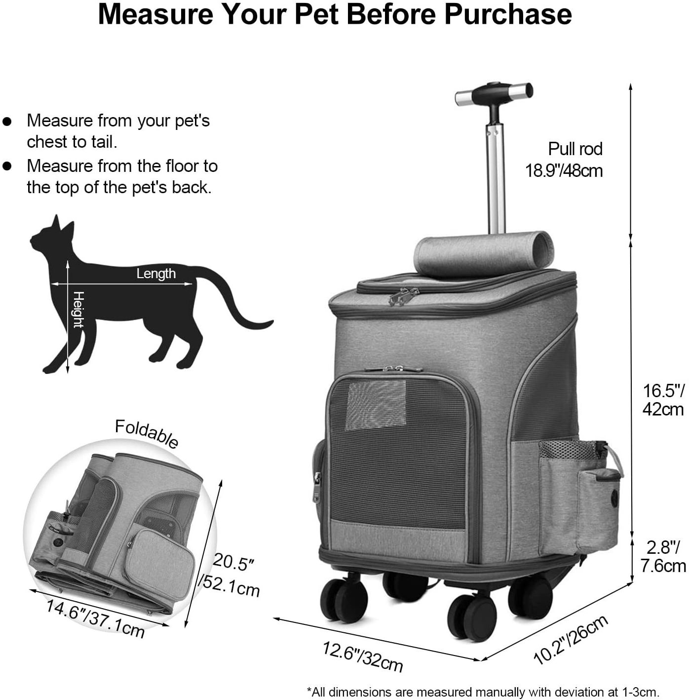 Pet trolley pet carrier Portable Large Rolling Carrier with Removable Detachable Wheeled