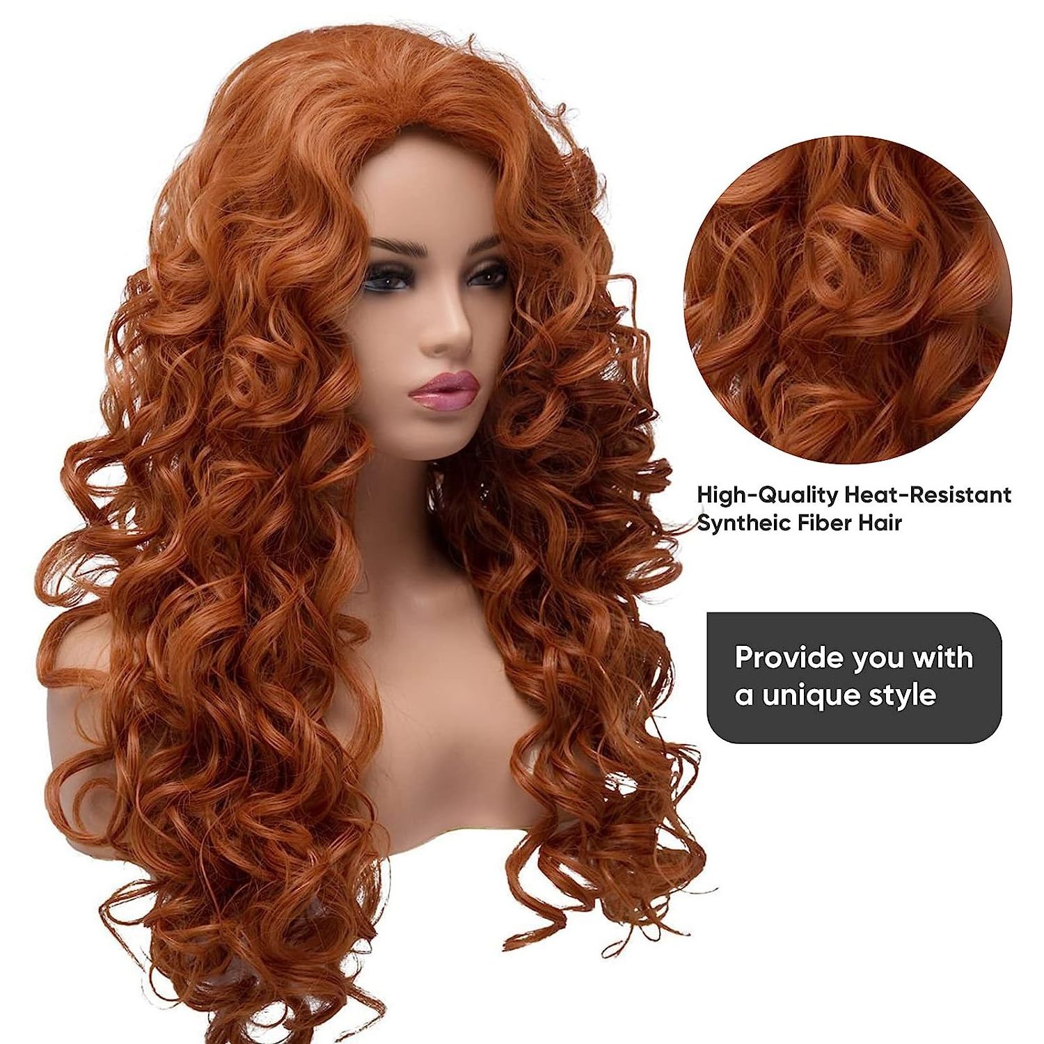 Long Fox Red Hair Curly Wavy Full Head Halloween Wigs for Women Cosplay Costume Party Hairpiece