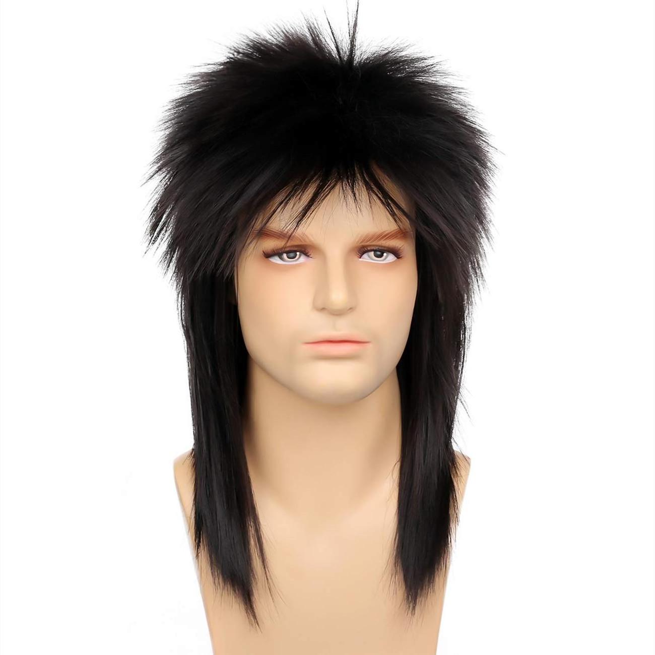 Mens Black Mullet Wig 80s Spiked Rocker Wig Halloween Costume Cosplay Punk Metal Male Hair Wig