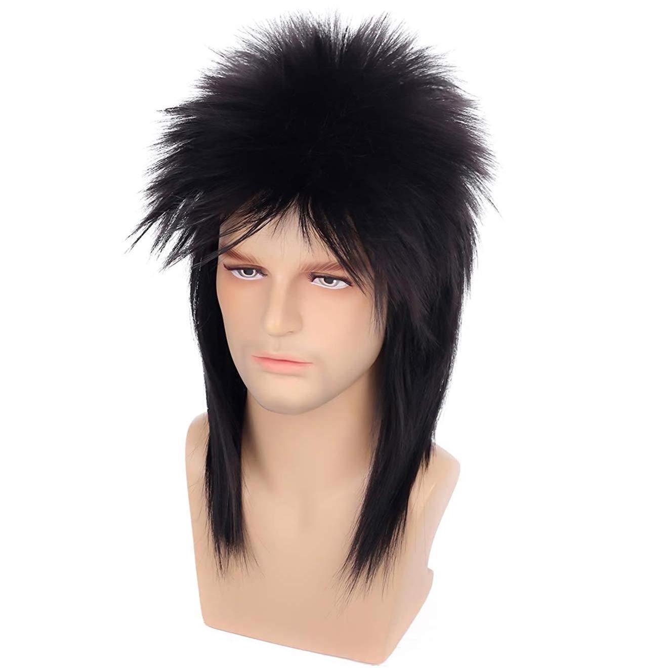 Mens Black Mullet Wig 80s Spiked Rocker Wig Halloween Costume Cosplay Punk Metal Male Hair Wig