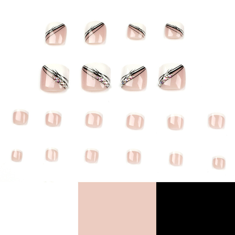 24pcs/Box Black And White Lines French Style Rhinestones Design Finished Product Toe False Nail