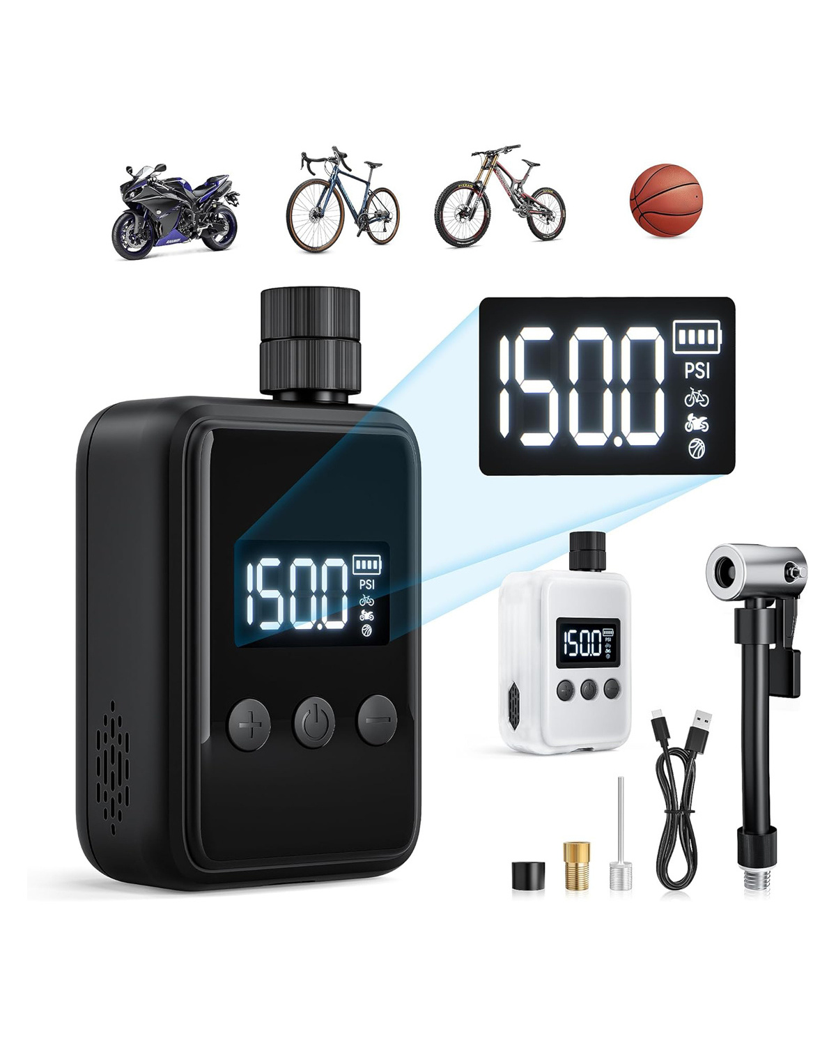 Electric Bike Pump, 120PSI Portable Bicycle Pump, Mini Bicycle Tire Pump with Pressure Gauge LCD Display, Presta