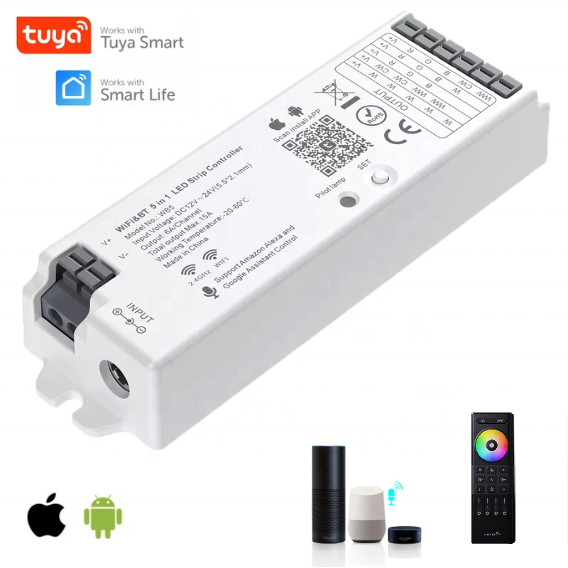 Tuya WiFI Bluetooth RF Smart phone RGB RGBW DC 12V 24V 5 in 1 LED strip controller 6A/Channel