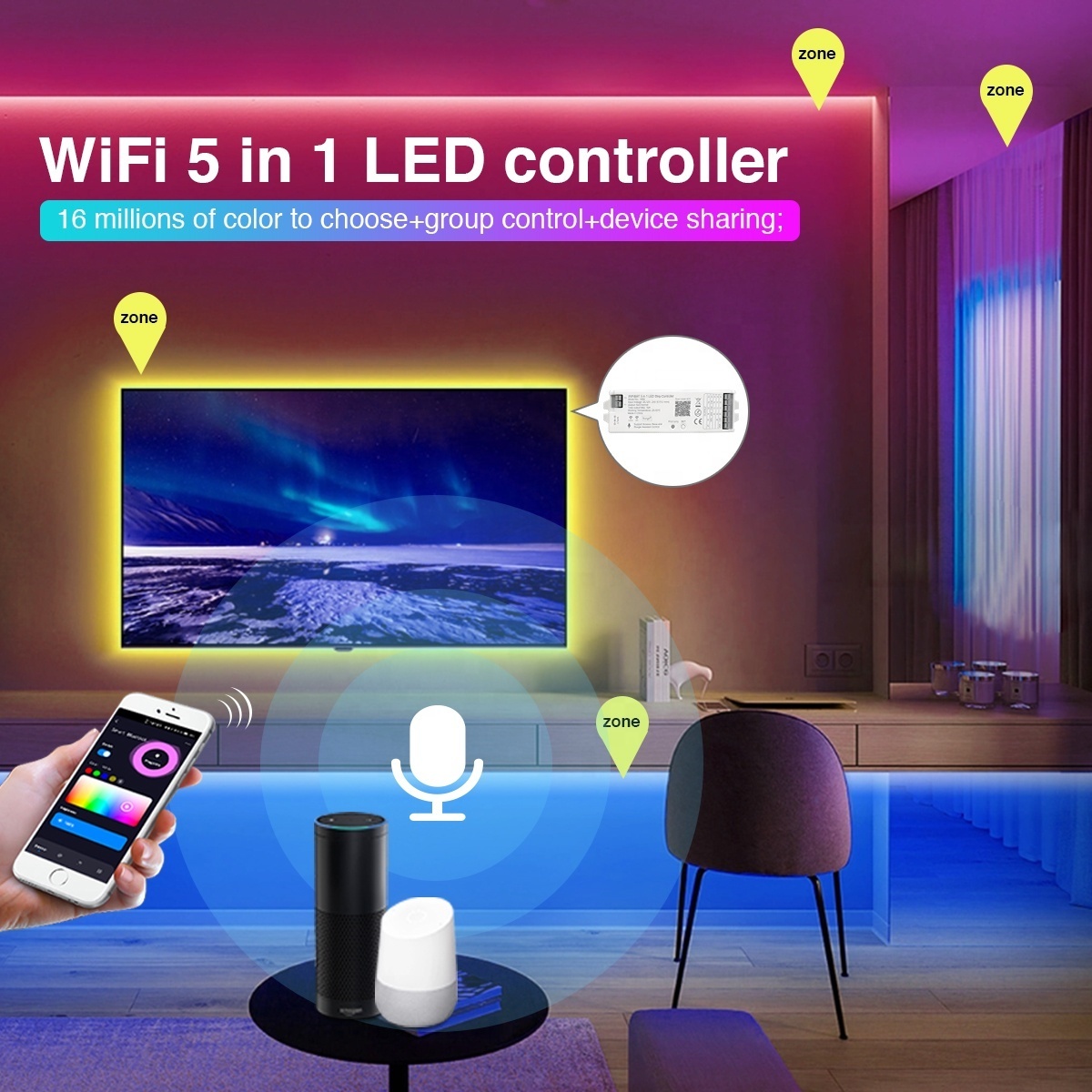 Tuya WiFI Bluetooth RF Smart phone RGB RGBW DC 12V 24V 5 in 1 LED strip controller 6A/Channel