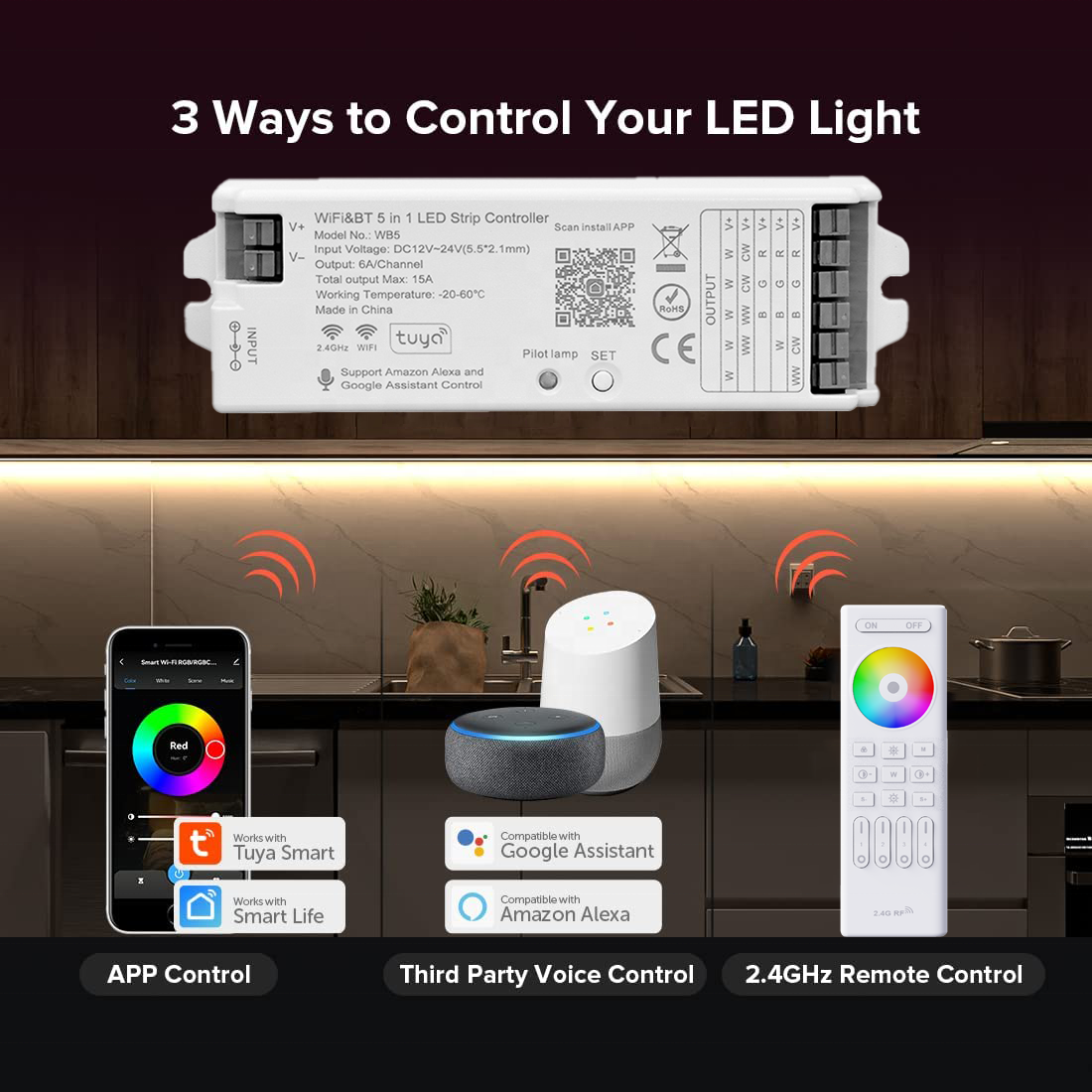 Tuya WiFI Bluetooth RF Smart phone RGB RGBW DC 12V 24V 5 in 1 LED strip controller 6A/Channel