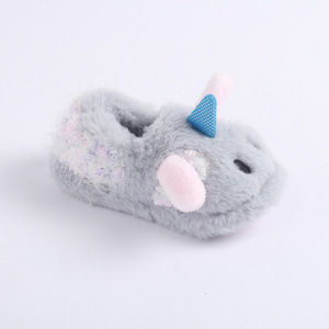 Wholesale customized winter rainbow plush fur unicorn animal warm indoor and outdoor house baby slipper shoes slippers