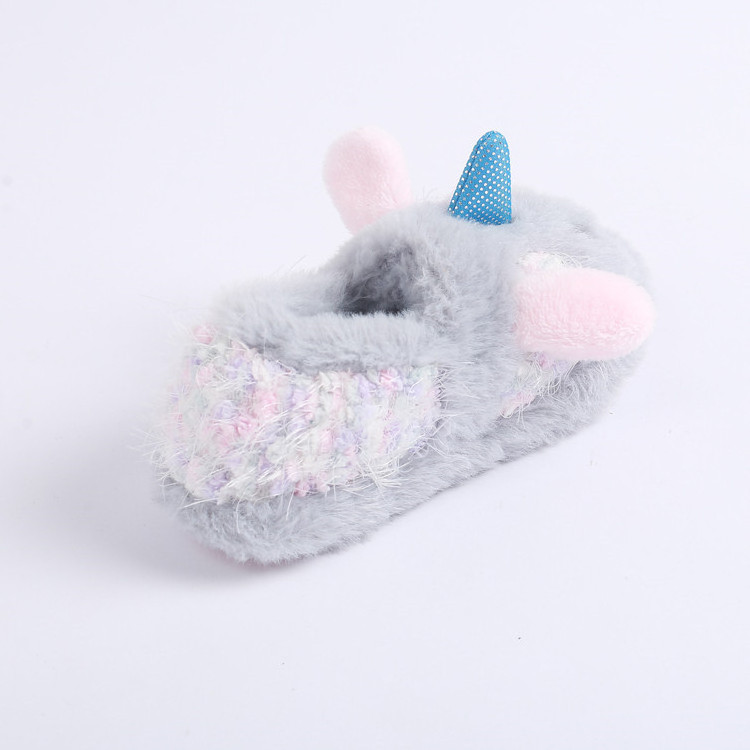 Wholesale customized winter rainbow plush fur unicorn animal warm indoor and outdoor house baby slipper shoes slippers