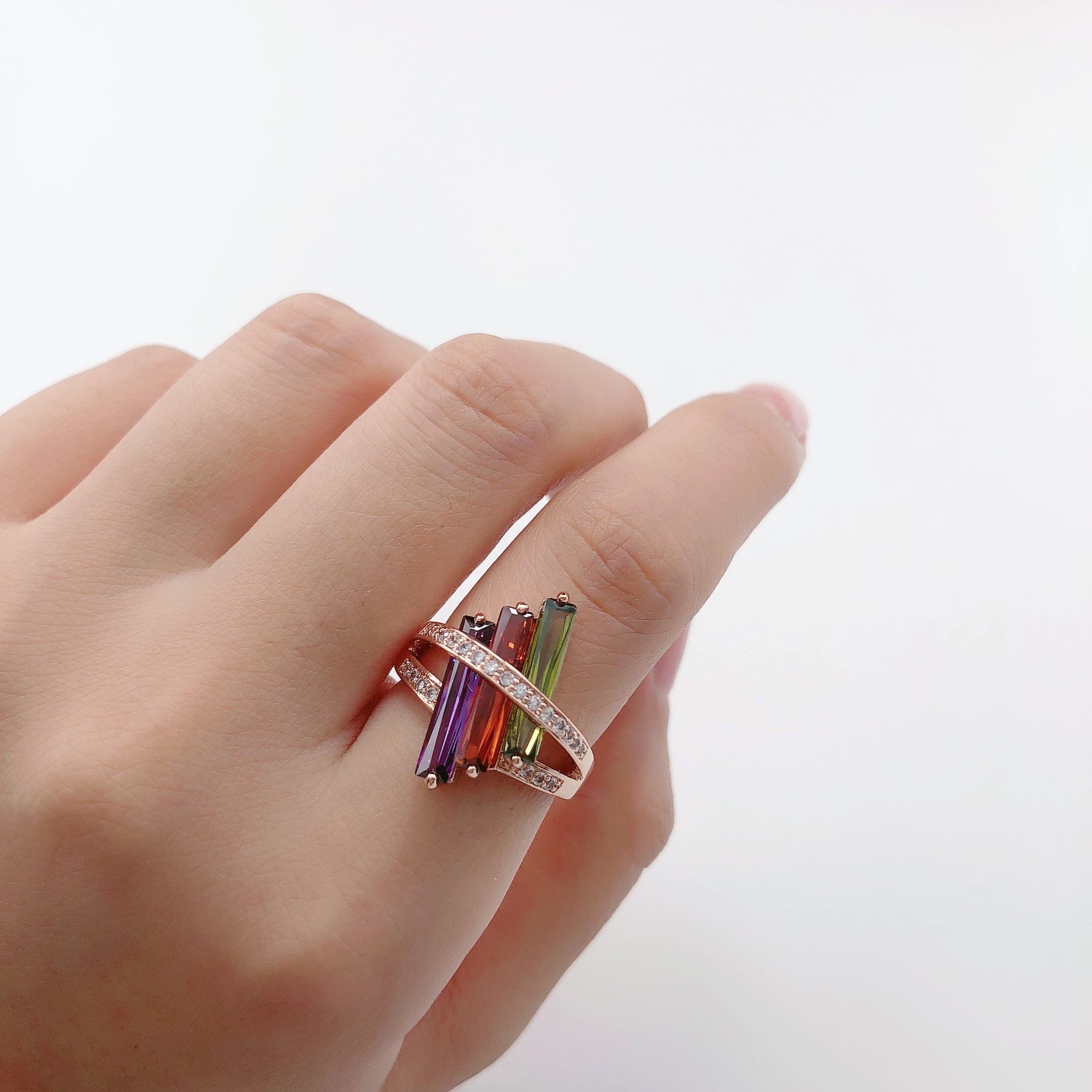 Unique Birthday Party Gift Jewelry Multicolor Geometric Cubic Zirconia Zircon Diamond Finger Cocktail Rings