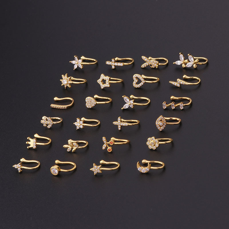 Wholesale Fashion New Body Jewelry 1Pc Zircon Ear Cuffs Heart Star Flowers Butterfly Clip Rings Fake Nose Cuff Non Piercing