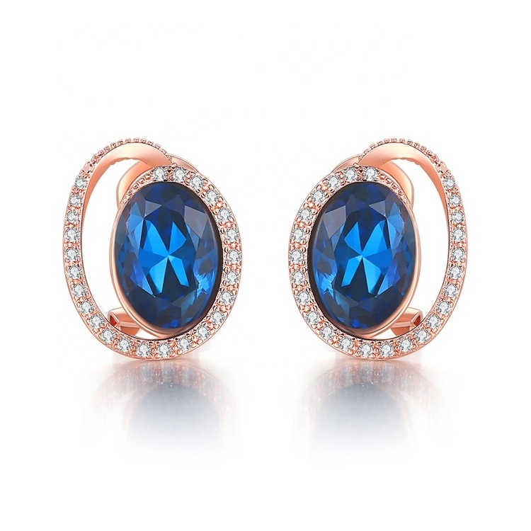 Classical high quality fashion trendy girls women jewelry rose gold plated round cut cz diamond blue crystal stud earring E343