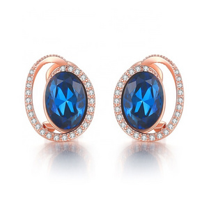 Classical high quality fashion trendy girls women jewelry rose gold plated round cut cz diamond blue crystal stud earring E343