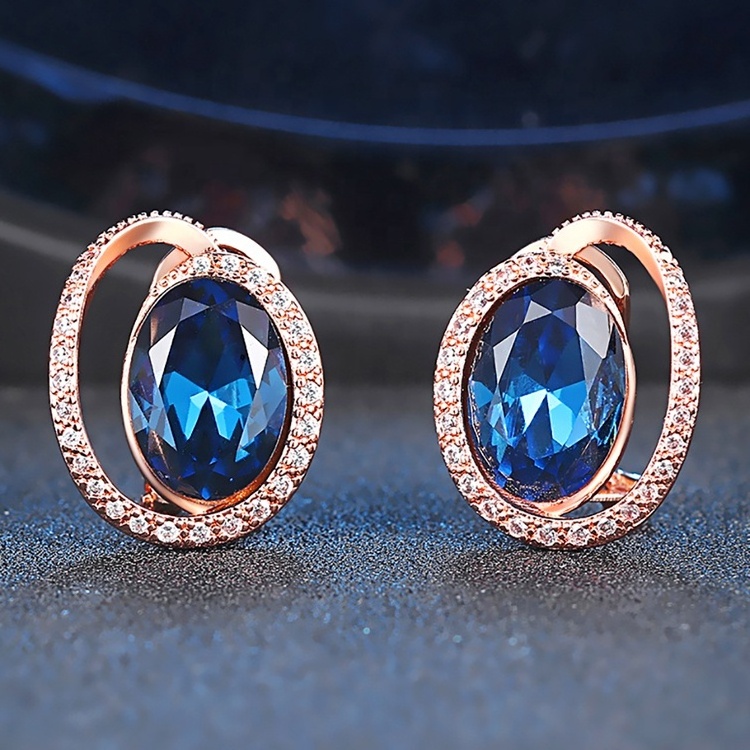 Classical high quality fashion trendy girls women jewelry rose gold plated round cut cz diamond blue crystal stud earring E343