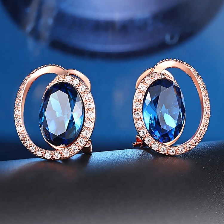 Classical high quality fashion trendy girls women jewelry rose gold plated round cut cz diamond blue crystal stud earring E343