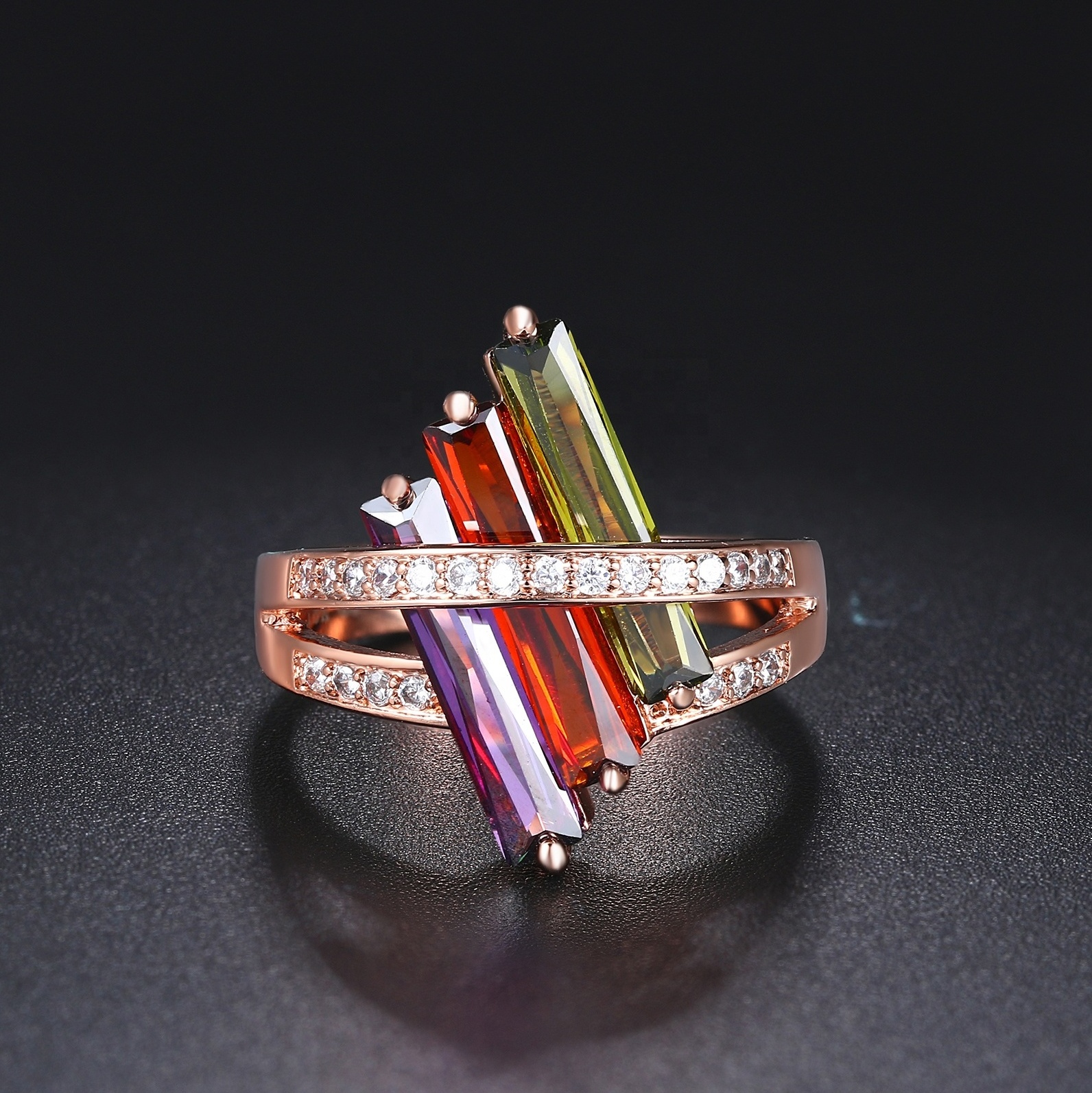 Unique Birthday Party Gift Jewelry Multicolor Geometric Cubic Zirconia Zircon Diamond Finger Cocktail Rings