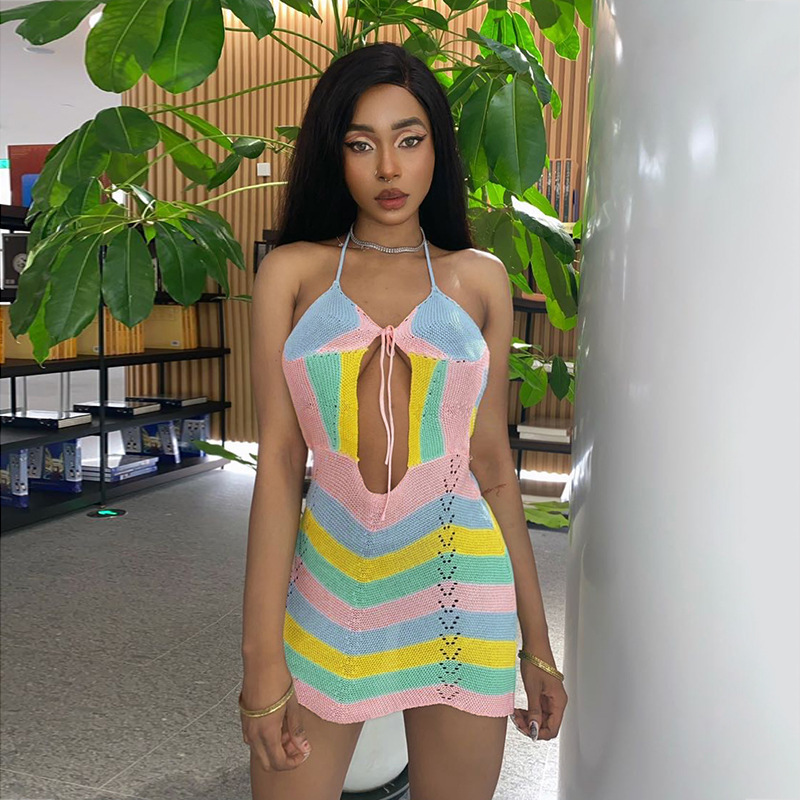 Summer Body Con Mini Dress Knitted Luxury Women's Sweater Sexy Halter Dress Colorful Crochet Swimsuit Beach Crochet Dress