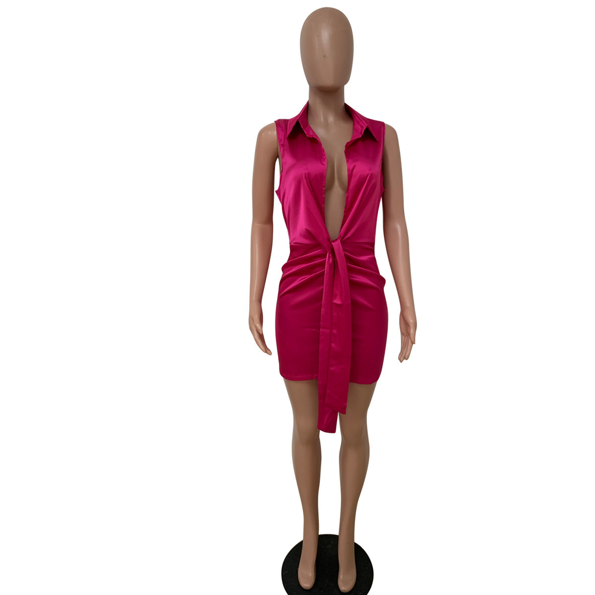 2022 New Satin Mini Dress Hot Pink Casual Silk Dresses Women Ladies Elegant Deep Open Sleeveless Bodycon Club Summer Dresses