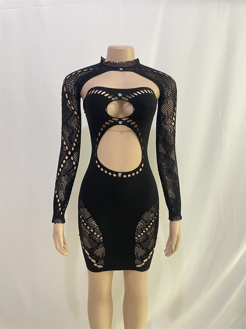 Women Night Rhinestone Dress Long Sleeve Sexy Nighty Open Breast Dress Sheer Mesh Bodycon See Through Crochet Club Dress