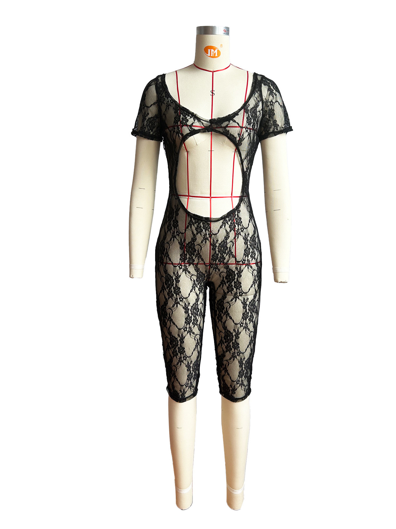 Valentines Day Outfits Women Sexy Lace Mesh Romper Skin Tight Cut Out Jumpsuit See Thru Body Shaping Red Lace Jumpsuit