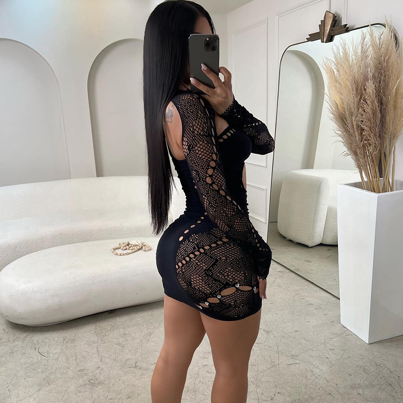 Women Night Rhinestone Dress Long Sleeve Sexy Nighty Open Breast Dress Sheer Mesh Bodycon See Through Crochet Club Dress