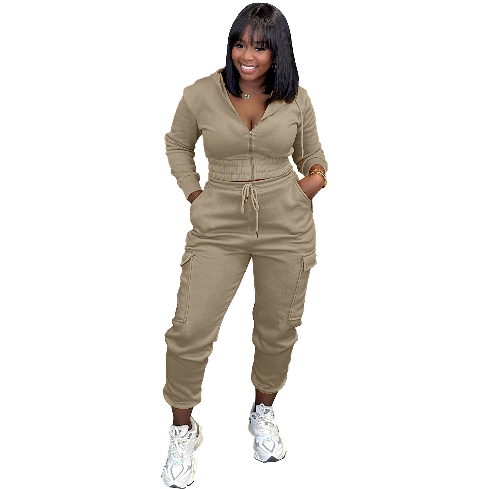 Jogger High Quality Two Piece Hoodies and Sweat Pants Set Custom Logo Women Cargo Pants Set Cotton Zipper Sweatsuit