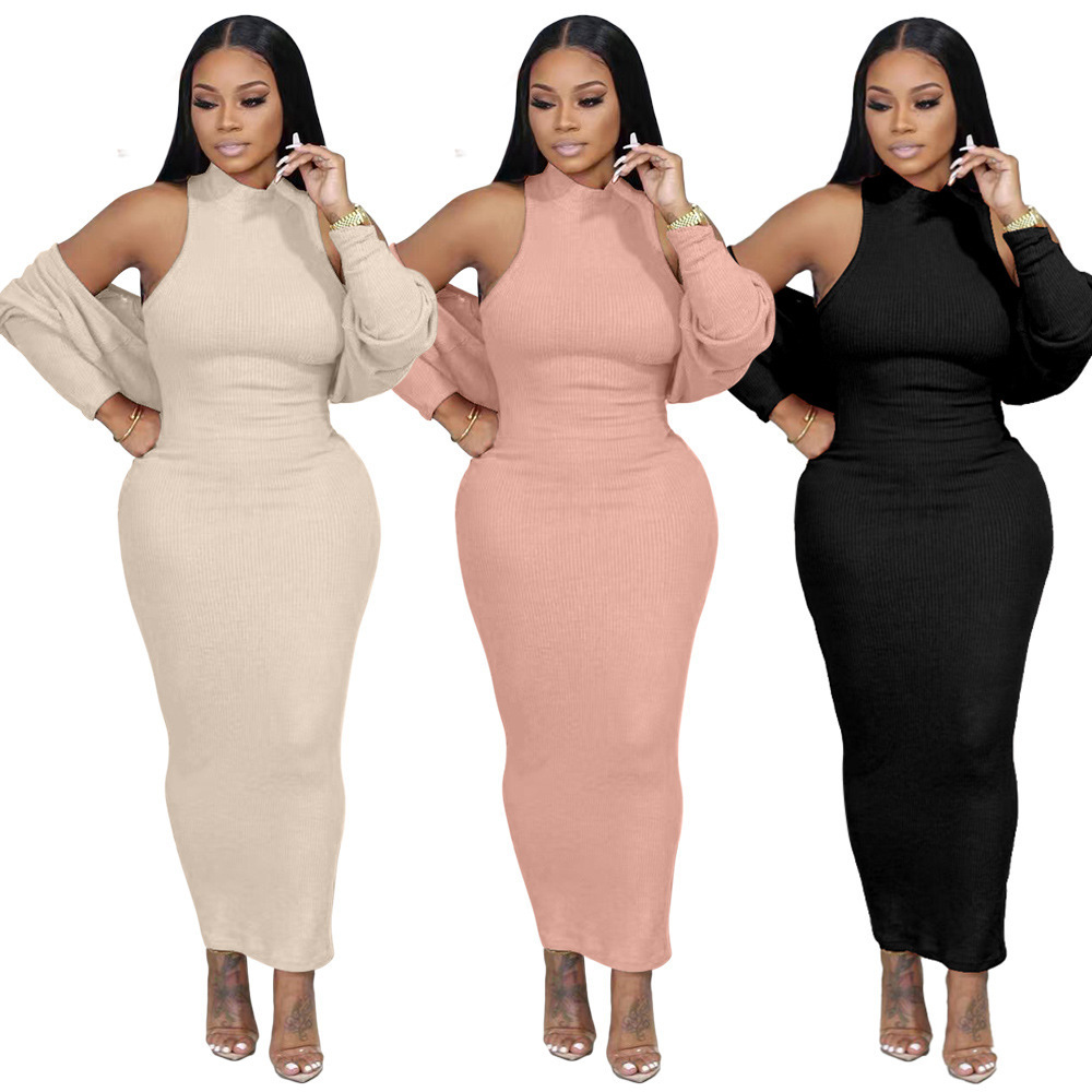 Fall Women's Long Dresses Cardigan Coats 2 Piece Outfits Elegant Lady Sleeveless Maxi Bodycon Dress Two Pcs Suit Sets