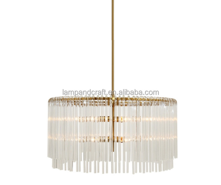 Brushed Gold Round Chandelier With Glass Rods for Home Hotel Decoration